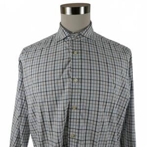 Jack Stone Thomas Dean Mens LS Button Up Brown Blue Checkered Dress Shirt XL